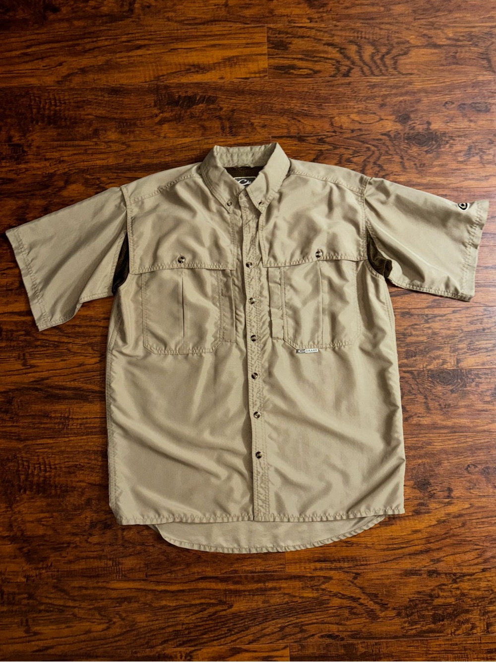 Drake Waterfowl Systems Mens Short-Sleeve Khaki Shirt Vented Fishing Button-Down